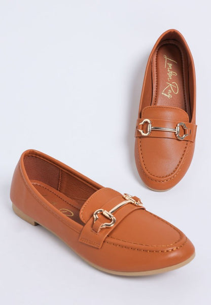 Pingle Horsebit Faux Leather Loafers in Tan front view with round toe and gold horsebit detail.
