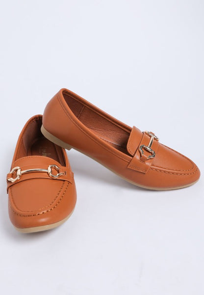 Pair shot of Pingle Horsebit Faux Leather Loafers in Tan versatile wardrobe staple shoes.