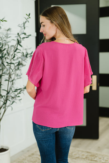 Peyton Ruffle Sleeve Top - Pink Plisse, Textured Woven, Relaxed Fit