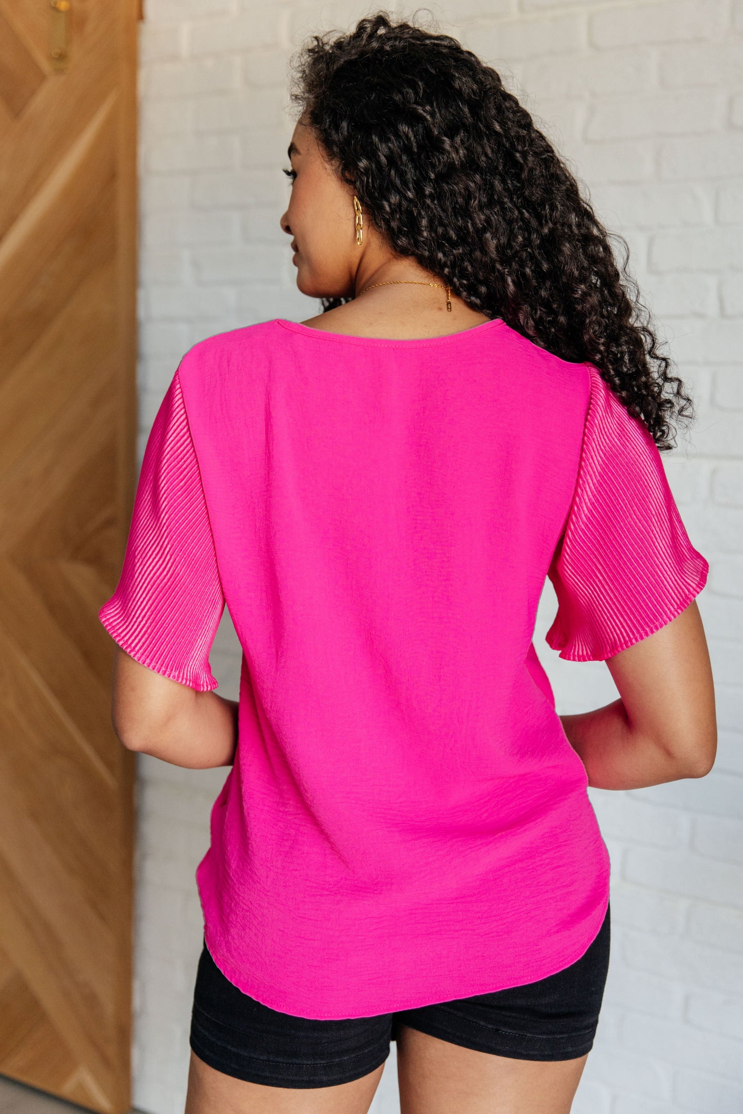 Peyton Ruffle Sleeve Top - Pink Plisse, Textured Woven, Relaxed Fit