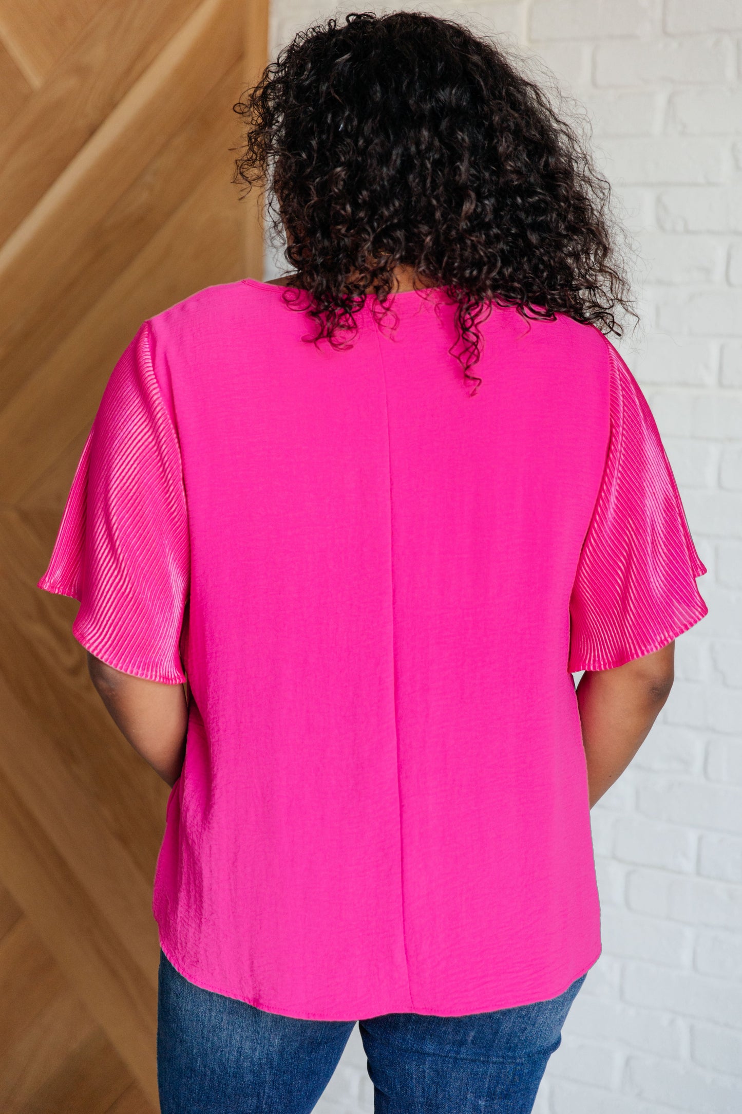 Peyton Ruffle Sleeve Top - Pink Plisse, Textured Woven, Relaxed Fit