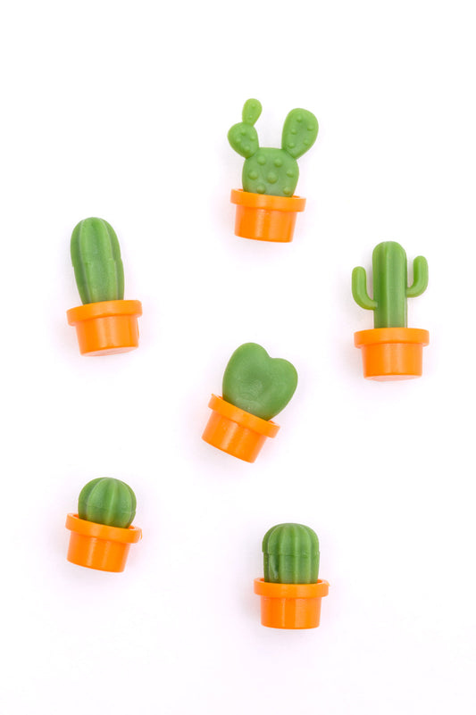 Collection of six refrigerator magnets featuring charming 3D potted cactus designs