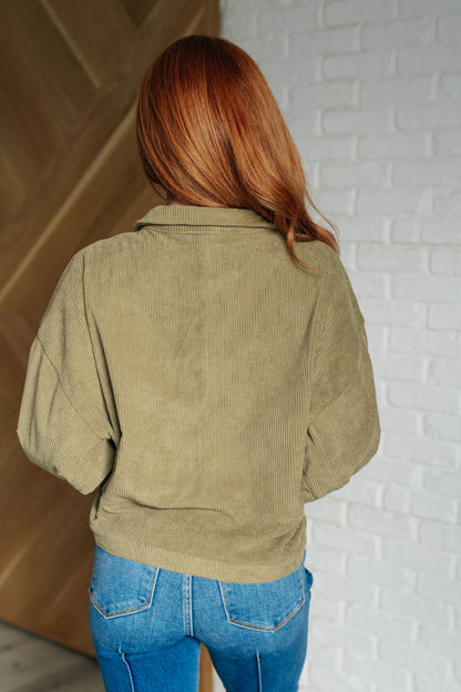 Back of Laylah Corduroy Jacket in olive, lightweight corduroy with oversized relaxed silhouette