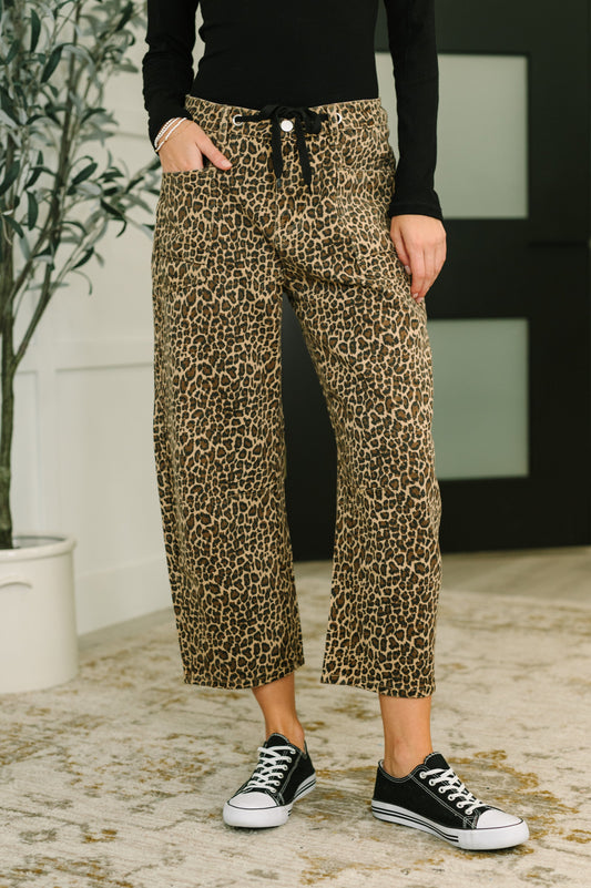 Front view of Mariah Barrel Ankle Crop Jean in khaki leopard print with wide leg cut