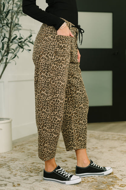 Side view of khaki leopard print Mariah Barrel Ankle Crop Jean with drawstring waist