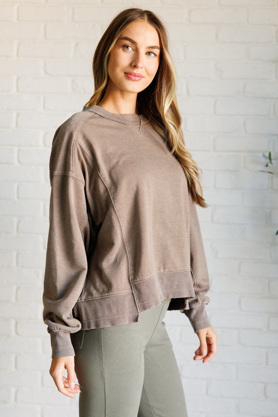 Drina Mineral Wash Crew Neck Pullover in Mocha