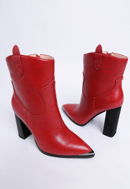 Pair of Red Hatter Boots with one showing front, side and back views