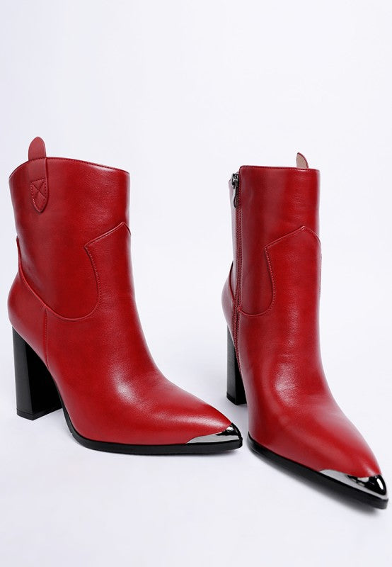 Red Hatter Pointed Toe Boots front angle view showing pointed toe and sleek vegan leather finish
