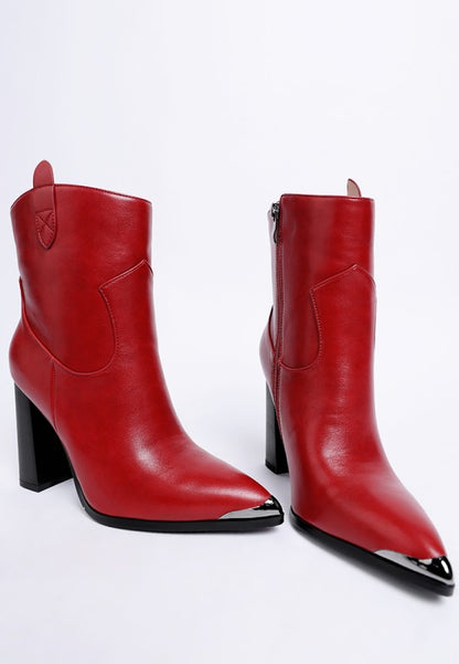 Red Hatter Pointed Toe Boots front angle view showing pointed toe and sleek vegan leather finish