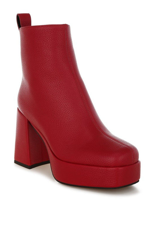 Red Poulin Chelsea Boots front view with bold square toe and 4-inch block heel