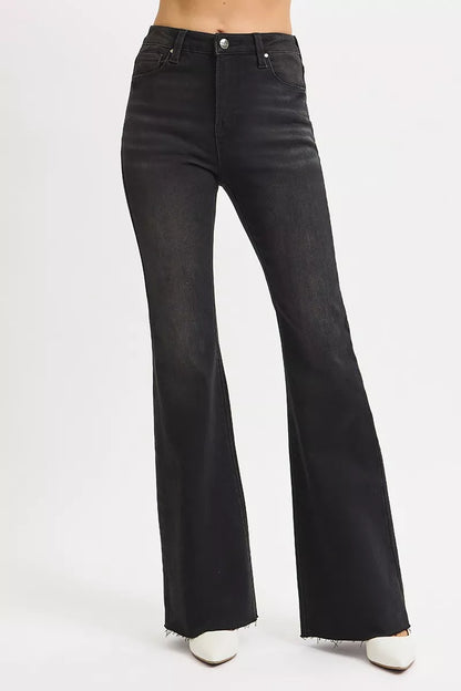 Front view of Rhonda High Rise Flare Jeans in black with raw hem, vintage-inspired style.