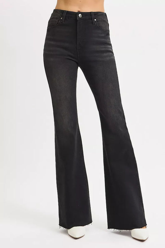Front view of Rhonda High Rise Flare Jeans in black with raw hem, vintage-inspired style.