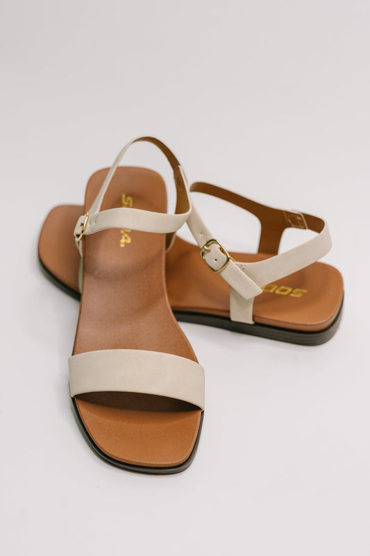 Front view of Riddle Ankle Strap Sandals showing open square toe design.