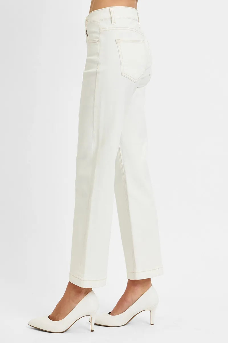 Risen cream mid rise straight leg jeans with tummy control, side view