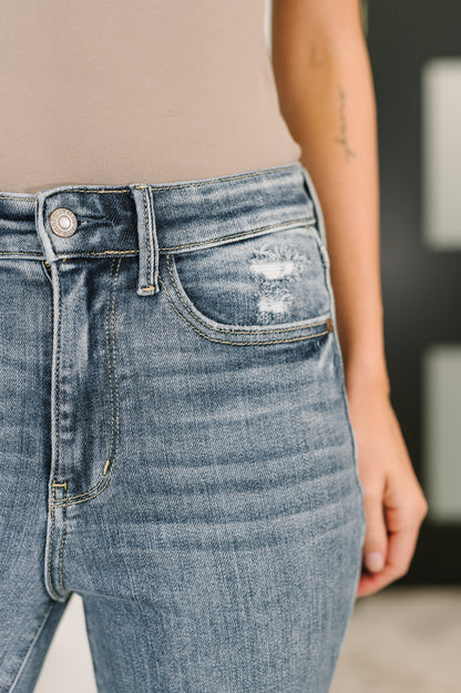 Robin High Waist Bootcut Jeans close up of zip fly closure and distress detail