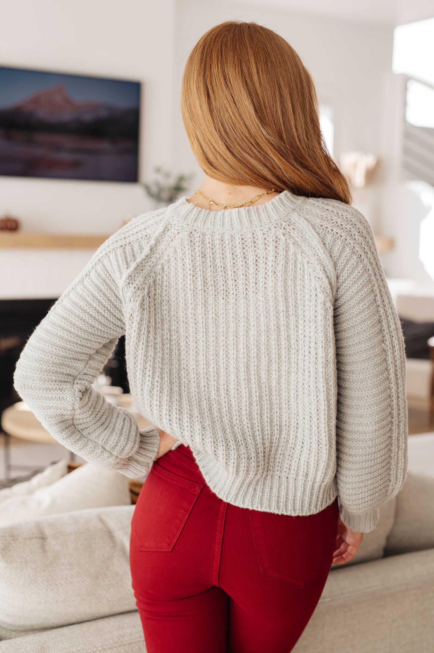 Back of Hattie Balloon Sleeve Sweater highlighting ribbed knit texture.