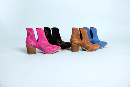 Journee Suede Ankle Boots - Tan, Western Stitching, Cutout Design