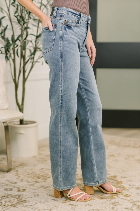 Side view of Sabrina High Waist Slim Straight Jeans by Judy Blue slim straight silhouette.