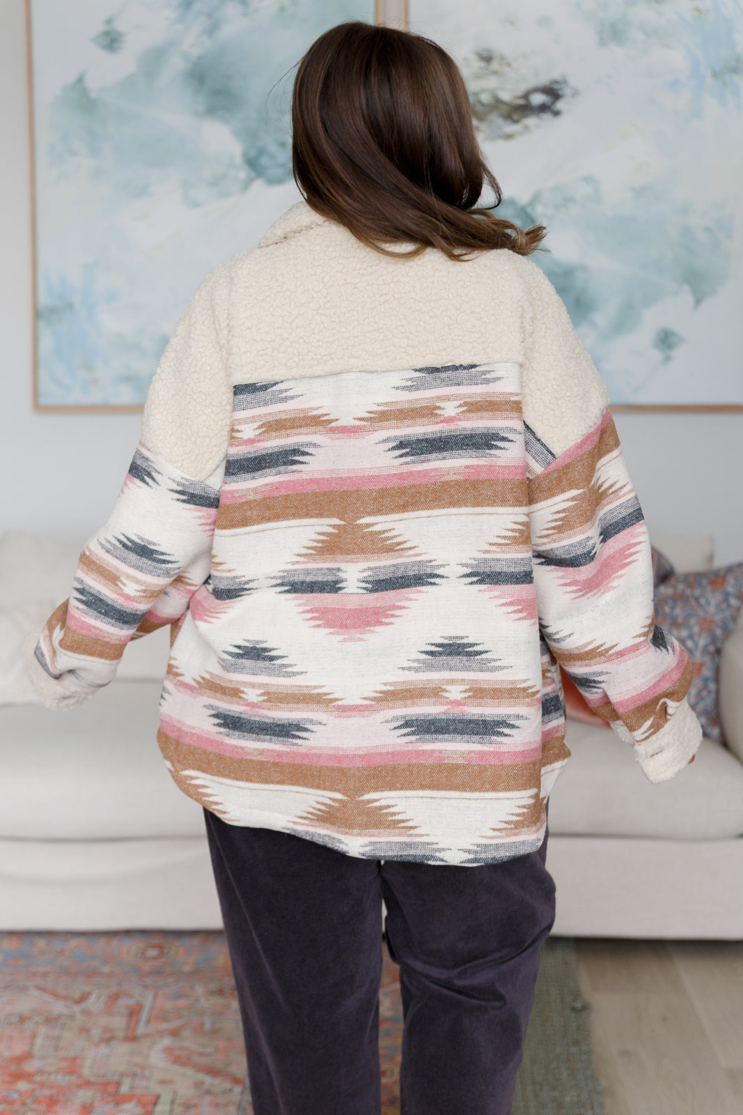 Back view of plus size Sedona Sunset Shacket highlighting fleece panel and pattern.