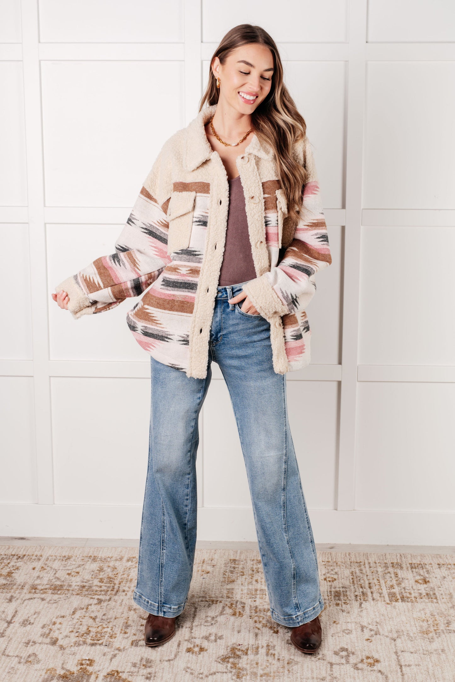 Front view of Sedona Sunset Shacket showing button front closure and side pockets.