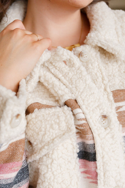 Close-up of Sedona Sunset Shacket collar and midweight sherpa fleece texture.