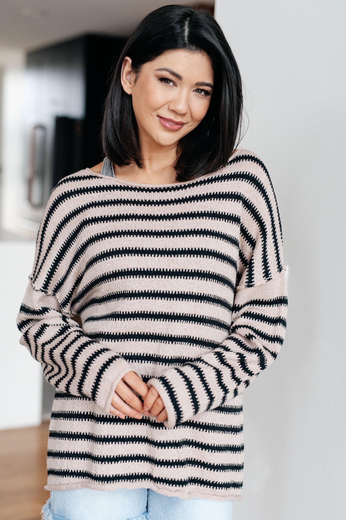 Selma Striped Sweater styled with jeans for a comfy, chic everyday look.