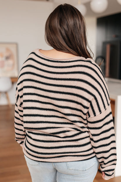 Back view of plus size Selma Striped Sweater showing relaxed drape and stripes.