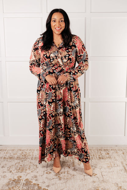 Front view of plus size Senna Faux Wrap Maxi Dress showing flattering A-line silhouette.