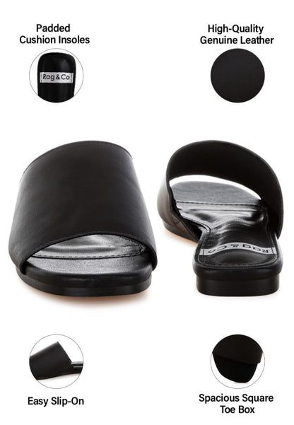 Shanon Slip-On Leather Flats in Black with open square toe and slip on design.