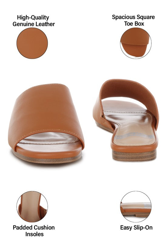 Detail shot of Shanon Slip-On Leather Flats in Tan cushioned insol and front.