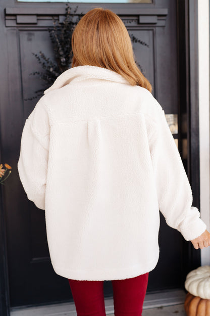 Back view of Shreya Sherpa Coat in White showing plush fleece and casual relaxed silhouette.