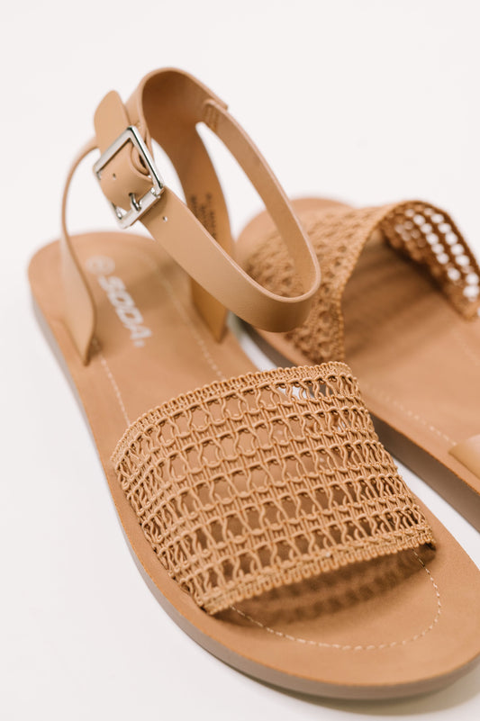 Front view of Sibley Sandals showing woven top detail and round toe design.