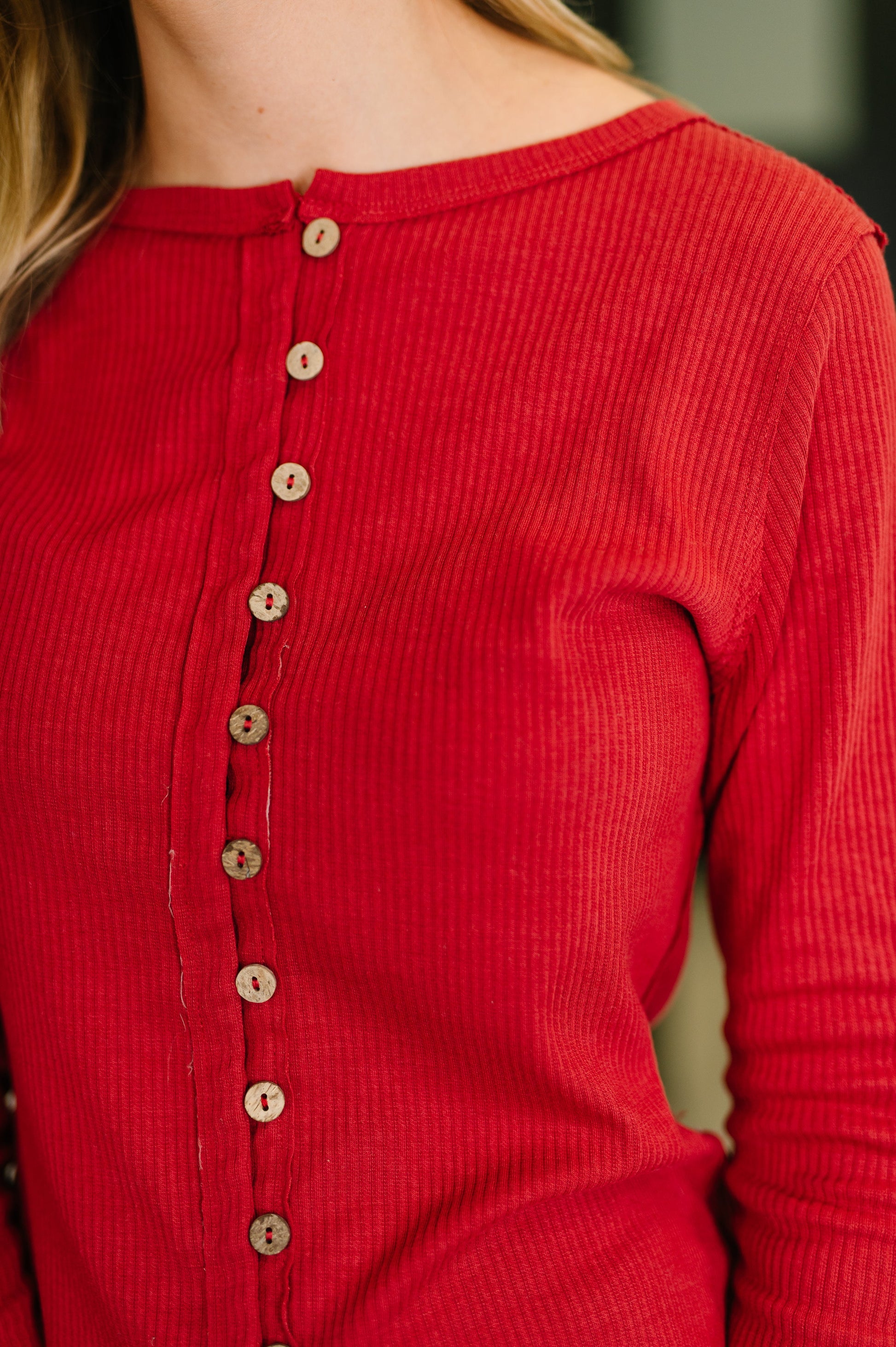 Close-up of Sigourney Button Down Cardigan showing full button closure.