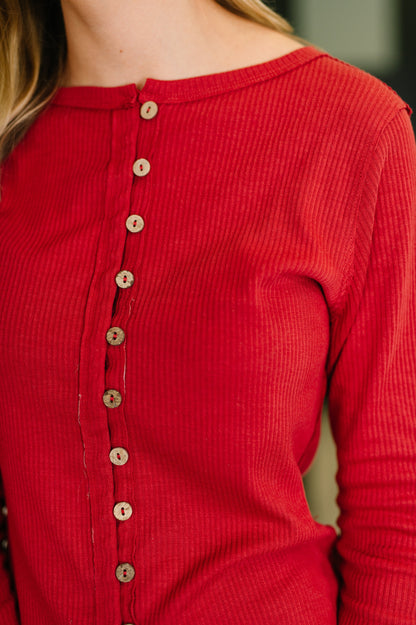Close-up of Sigourney Button Down Cardigan showing full button closure.