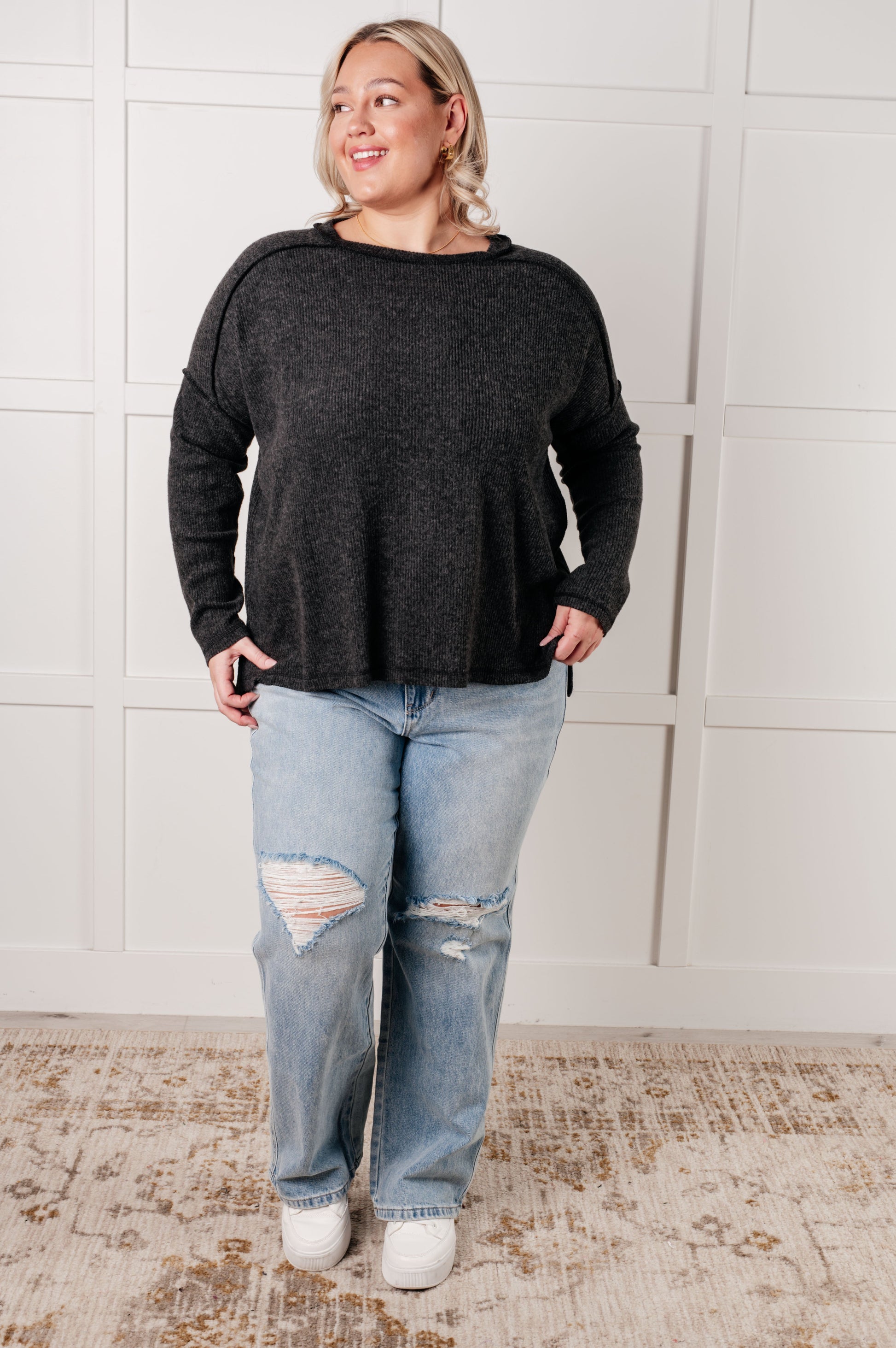 Plus size Simon Ribbed Hacci Sweater full body black long sleeve with side slit and comfy relaxed fit.
