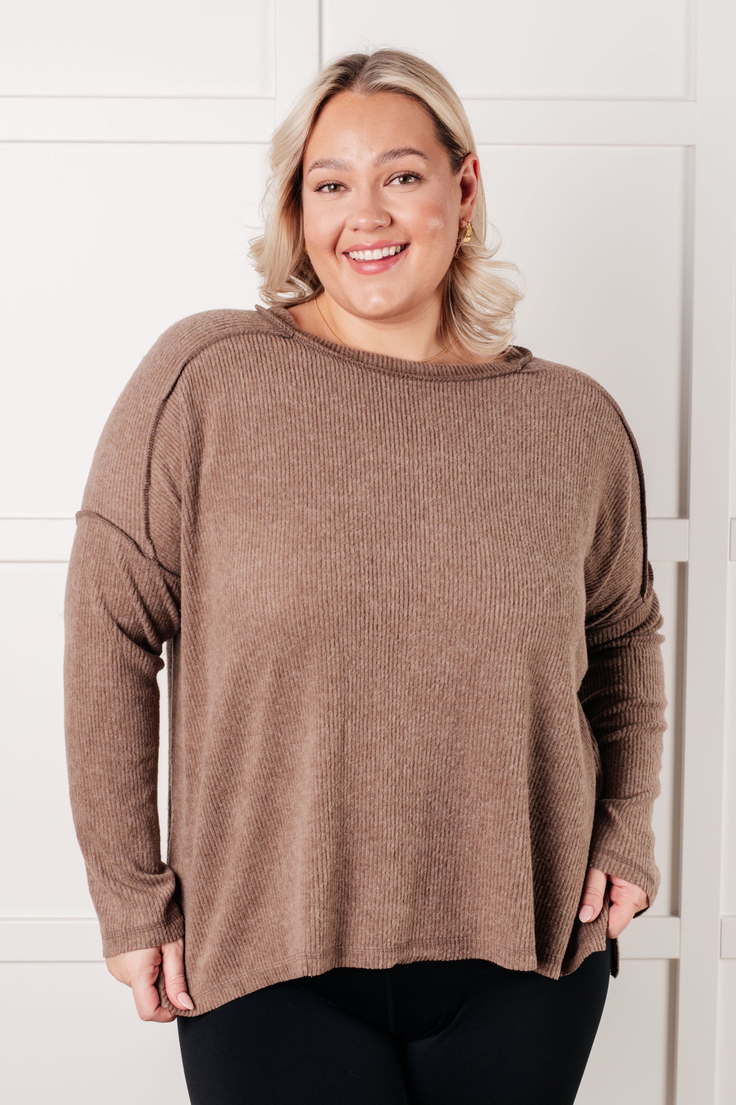 Plus size front view of Simon Ribbed Hacci Sweater in mocha with ribbed knit and banded neckline.