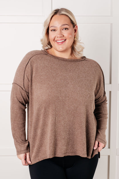 Plus size front view of Simon Ribbed Hacci Sweater in mocha with ribbed knit and banded neckline.