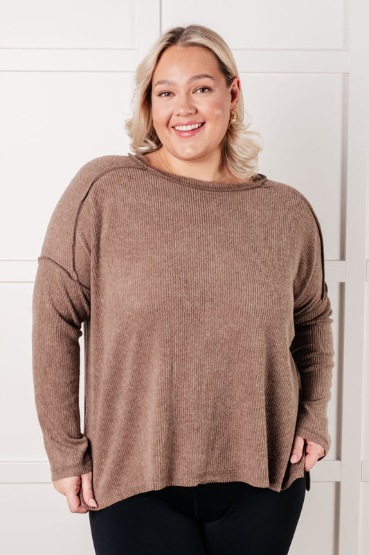 Plus size front view of Simon Ribbed Hacci Sweater in mocha with ribbed knit and banded neckline.