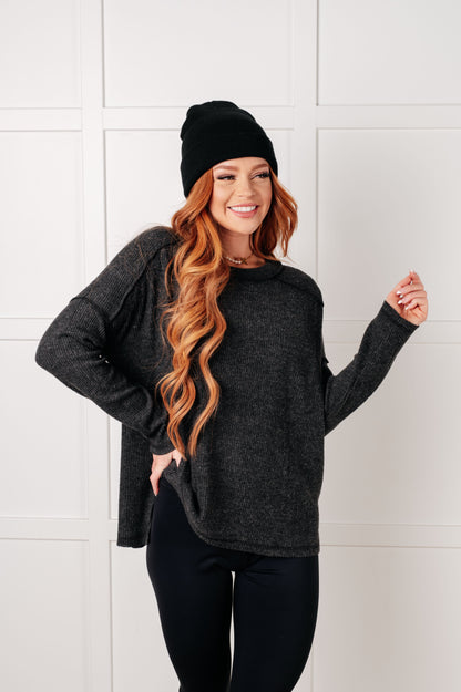 Black Simon Ribbed Hacci Sweater front full body styled with casual denim for everyday comfort.