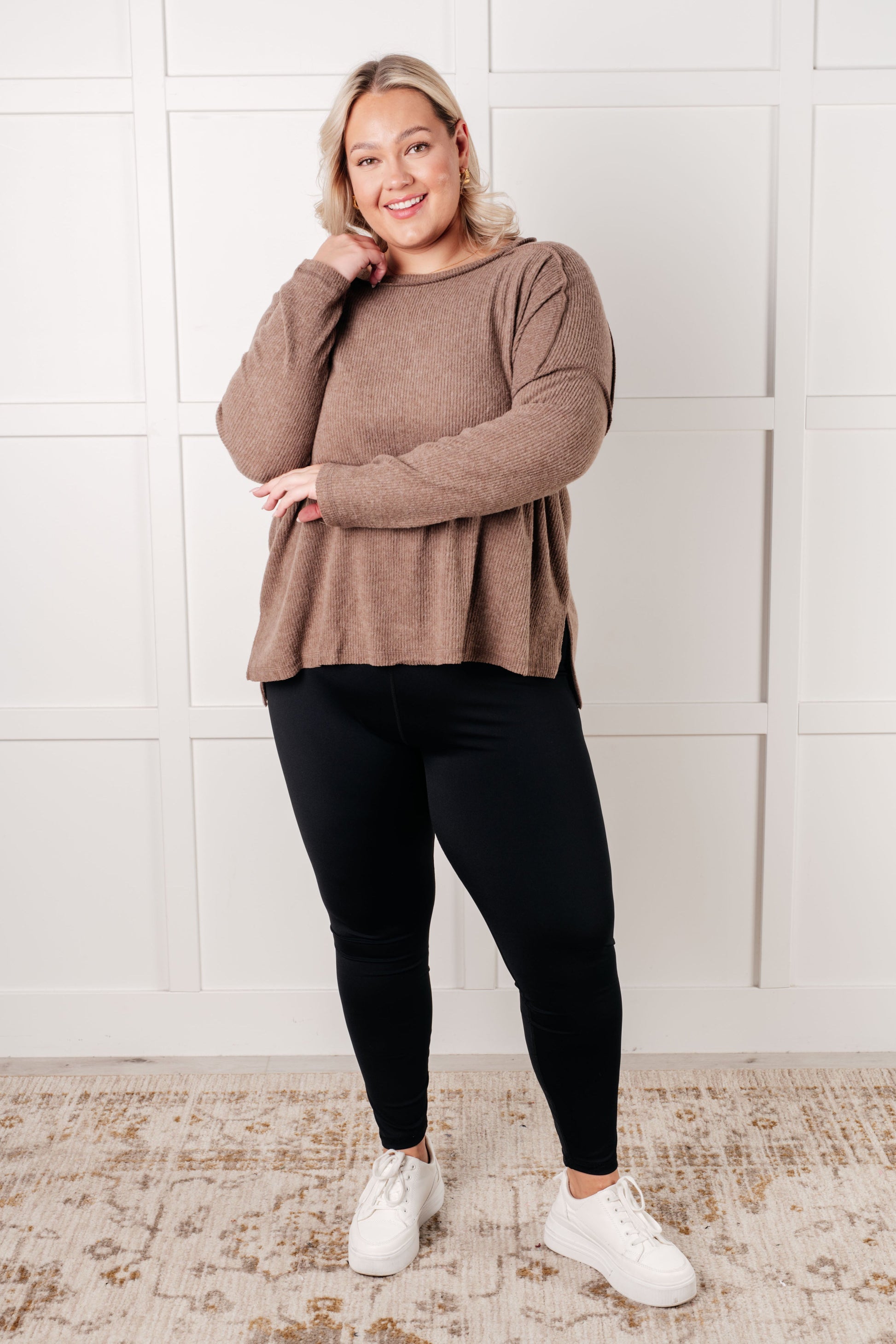 Plus size close-up of Simon Ribbed Hacci Sweater in mocha featuring soft brushed hacci ribbed knit fabric.