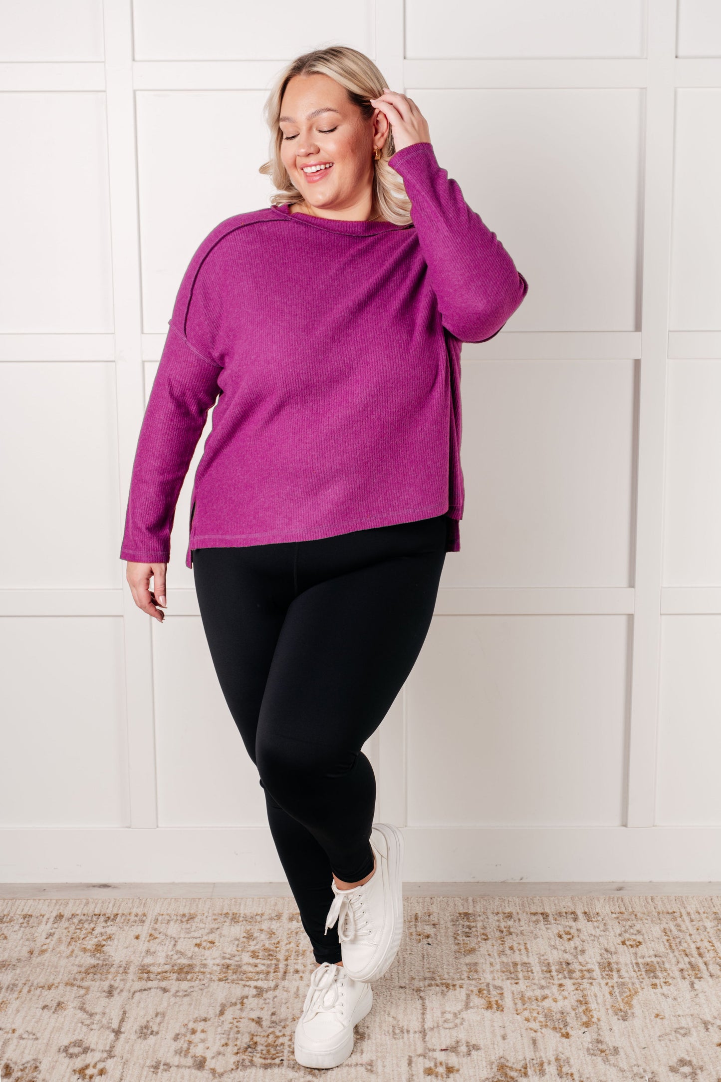 Plus size plum Simon Ribbed Hacci Sweater front angle with banded neckline and cozy long sleeves.