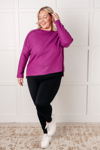 Plus size plum Simon Ribbed Hacci Sweater front angle with banded neckline and cozy long sleeves.