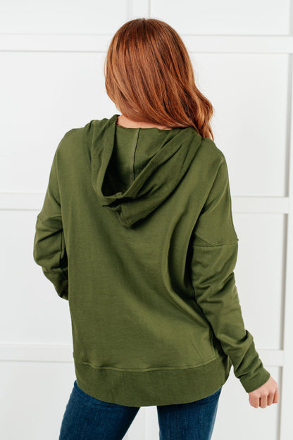 Back of Lindsey Snap Hooded Pullover with hood detail and relaxed fit.
