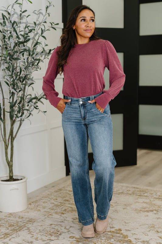 Full body view of Shannon Balloon Sleeve Knit Top in berry, styled with jeans for casual chic look