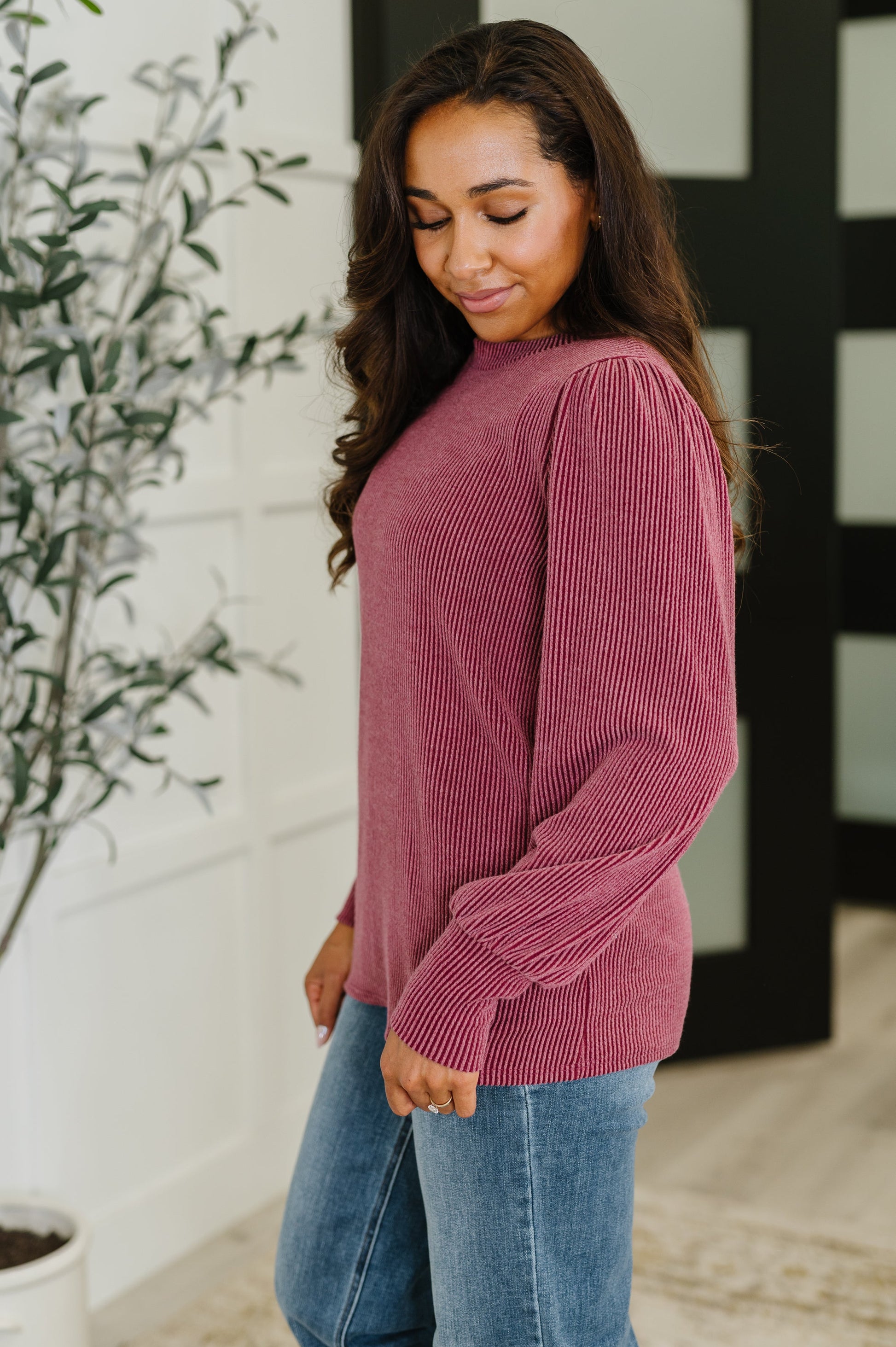 Side profile of Shannon Balloon Sleeve Knit Top, balloon sleeve detail with banded cuff
