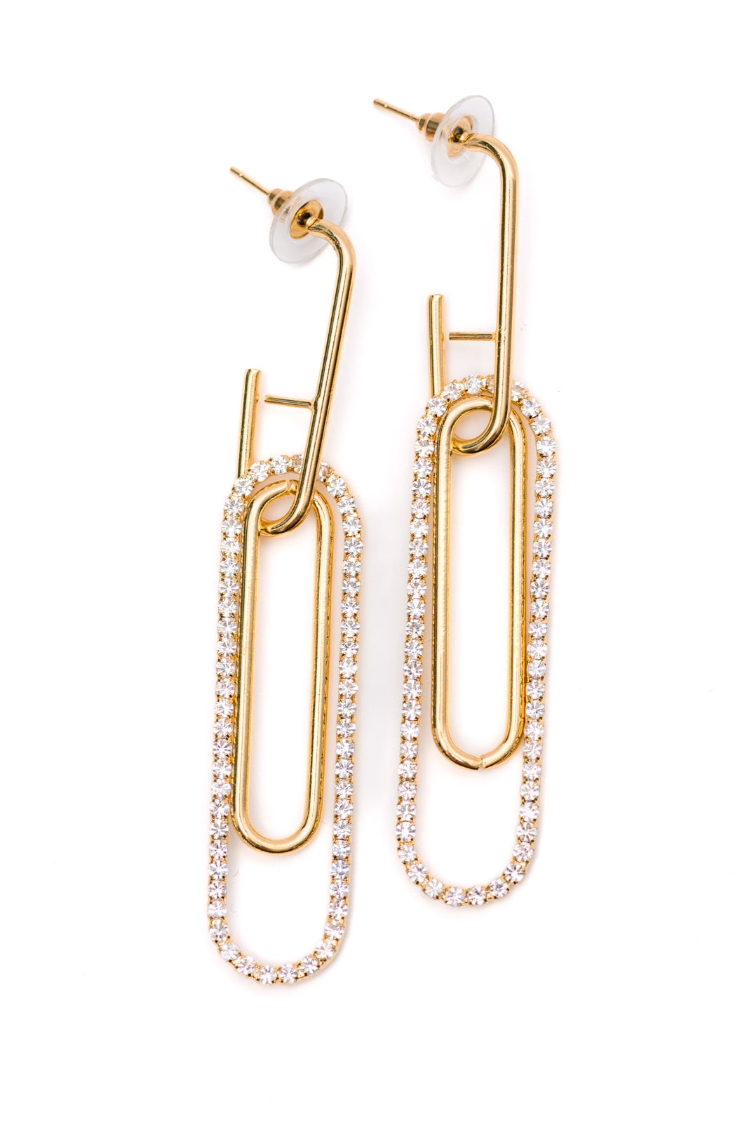 Gold Link Earrings with rhinestone details, featuring a push-back closure