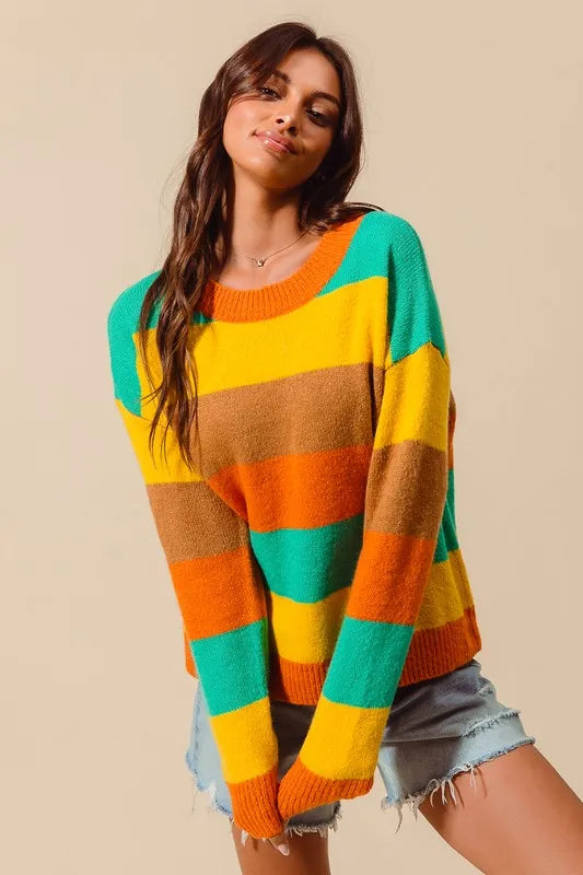 Angle shot of Sunny Multi Color Stripe Sweater showing ribbed sleeves and slightly stretchy acrylic knit fabric.