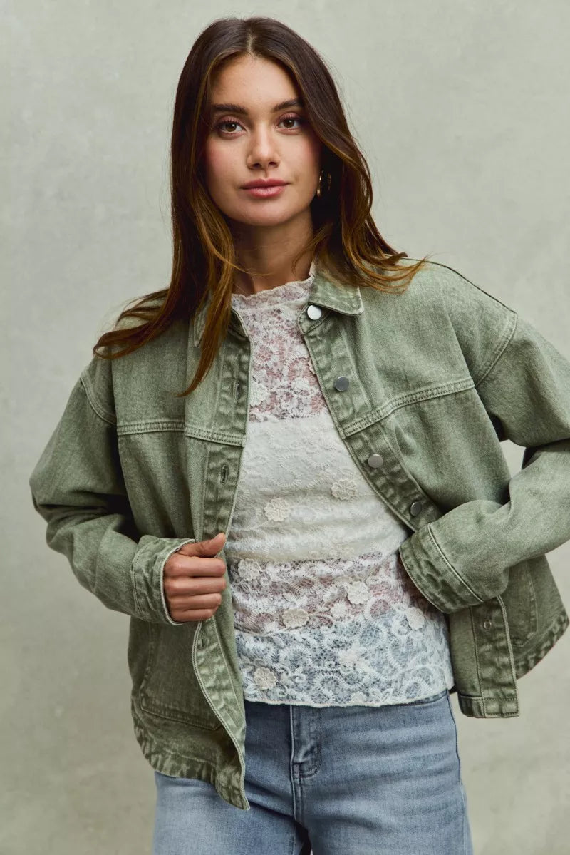 Front view of Soren Vintage Twill Shacket showing vintage-washed olive twill fabric.