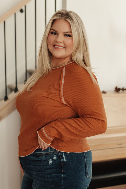 Plus size side view of Joanna Waffle Knit Top in camel
