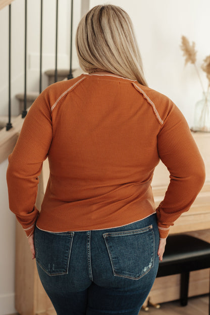 Plus size back view of Joanna Waffle Knit Top with contrast stitching